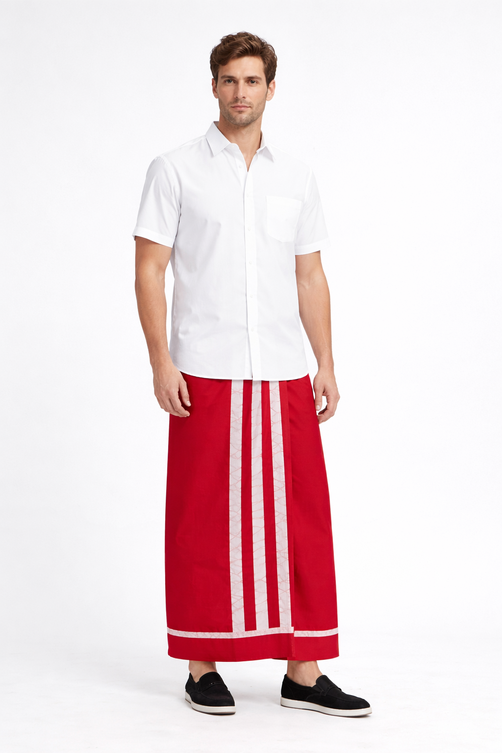 CSA0000 - Red sarong with white strips design| Ceylon Batik | Hand Made | Men's Collection | Cotton Sarong| Summer Wear | Party Wear