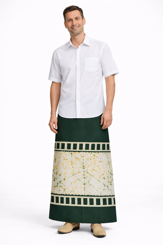 CSA1490 - Dark green sarong with white design| Ceylon Batik | Hand Made | Men's Collection | Cotton Sarong| Summer Wear | Party Wear