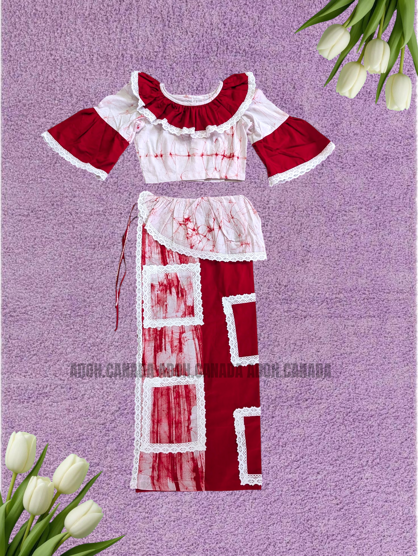 KG1625 - Red and white Lama Saree with renda square designed( Kids Redda Hatte)| Ceylon Batik | Hand Made | Kids Collection | Summer Collection | Cotton Lama Saree | Kids Redda Hatte | Casual wear