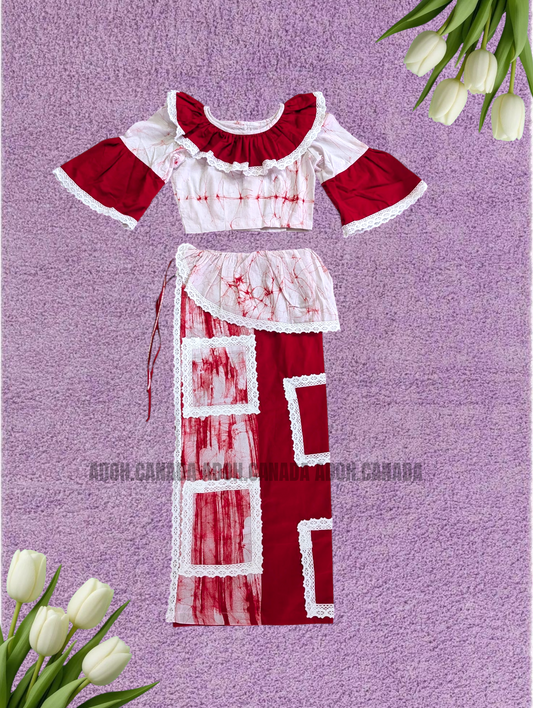 KG1625 - Red and white Lama Saree with renda square designed( Kids Redda Hatte)| Ceylon Batik | Hand Made | Kids Collection | Summer Collection | Cotton Lama Saree | Kids Redda Hatte | Casual wear