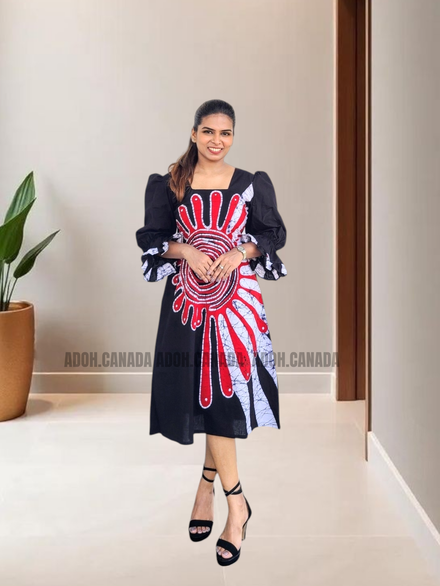 CC1535- Black dress with red and white designed Batik Dress| Ceylon Batik | Hand Made |Summer Collection | Cotton Dress | Summer