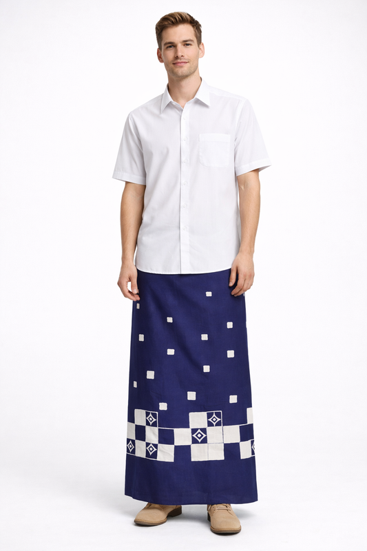 CSA1491 - Dark blue Sarong with white square design| Ceylon Batik | Hand Made | Men's Collection | Cotton Sarong| Summer Wear | Party Wear