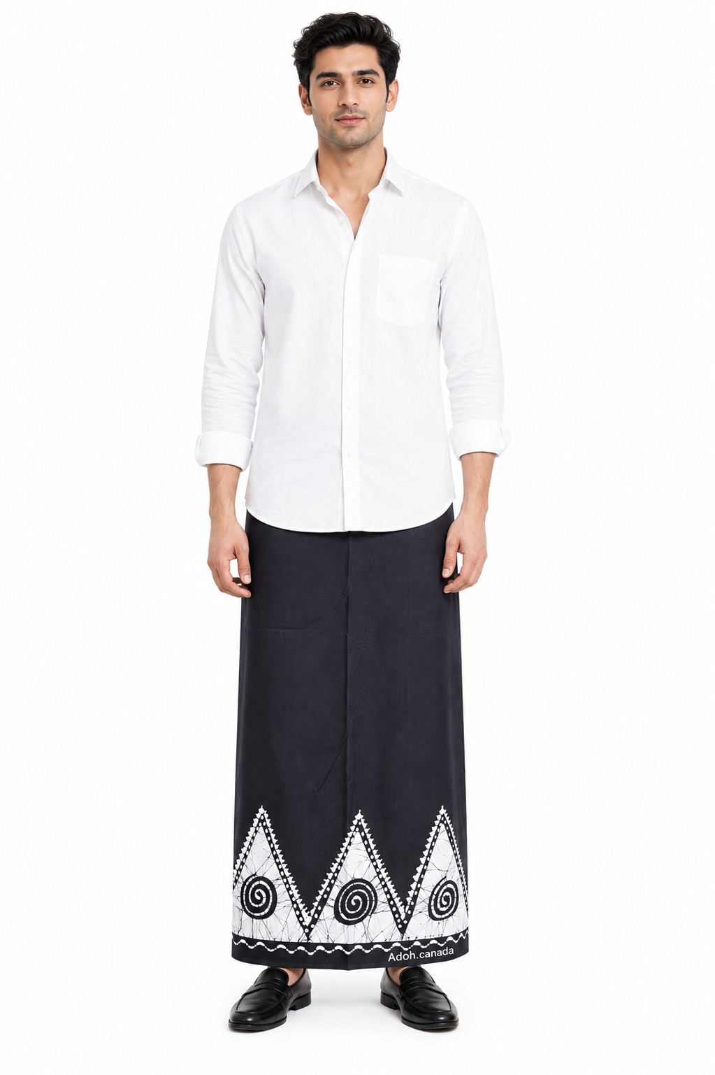 CSA1721 - Black sarong with white border design| Ceylon Batik | Hand Made | Men's Collection | Cotton Sarong| Summer Wear | Party Wear