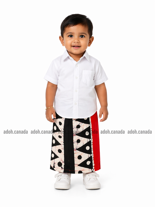 KSA1597 - Red with black traingle designed sarong| Ceylon Batik | Hand Made | Kid's Collection | Cotton Sarong| Summer Wear | Cultural