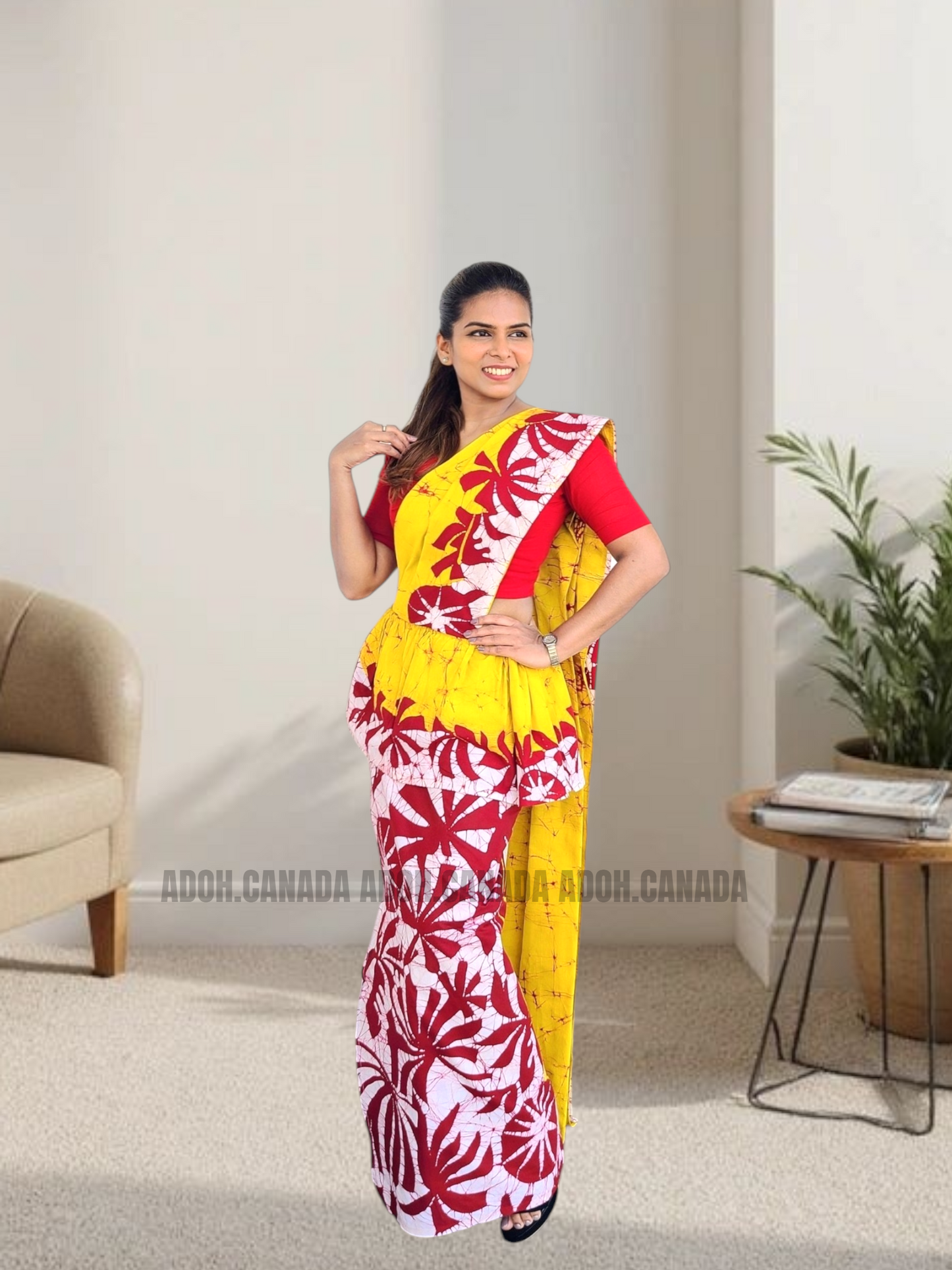 MU1567|Yellow with red and white designed Kandyan Made-up|Ceylon Batik| Cotton Kandyan Made-up Saree| Exclusive Designer Wear | Kandyan Made-up