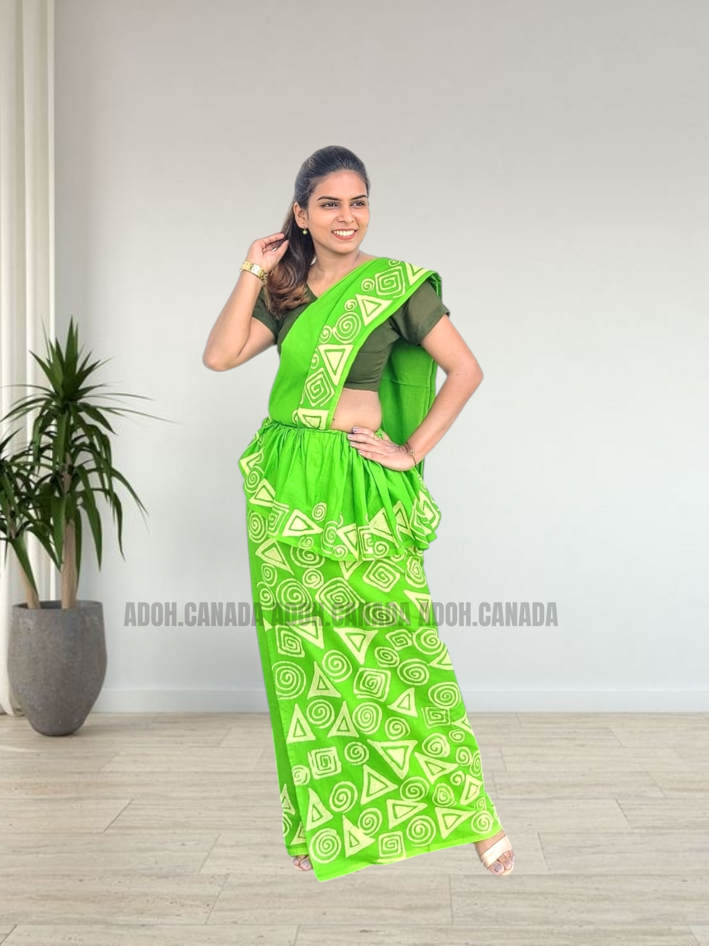 MU1568|Apple green with off-white shapes designed Kandyan Made-up|Ceylon Batik| Cotton Kandyan Made-up Saree| Exclusive Designer Wear | Kandyan Made-up