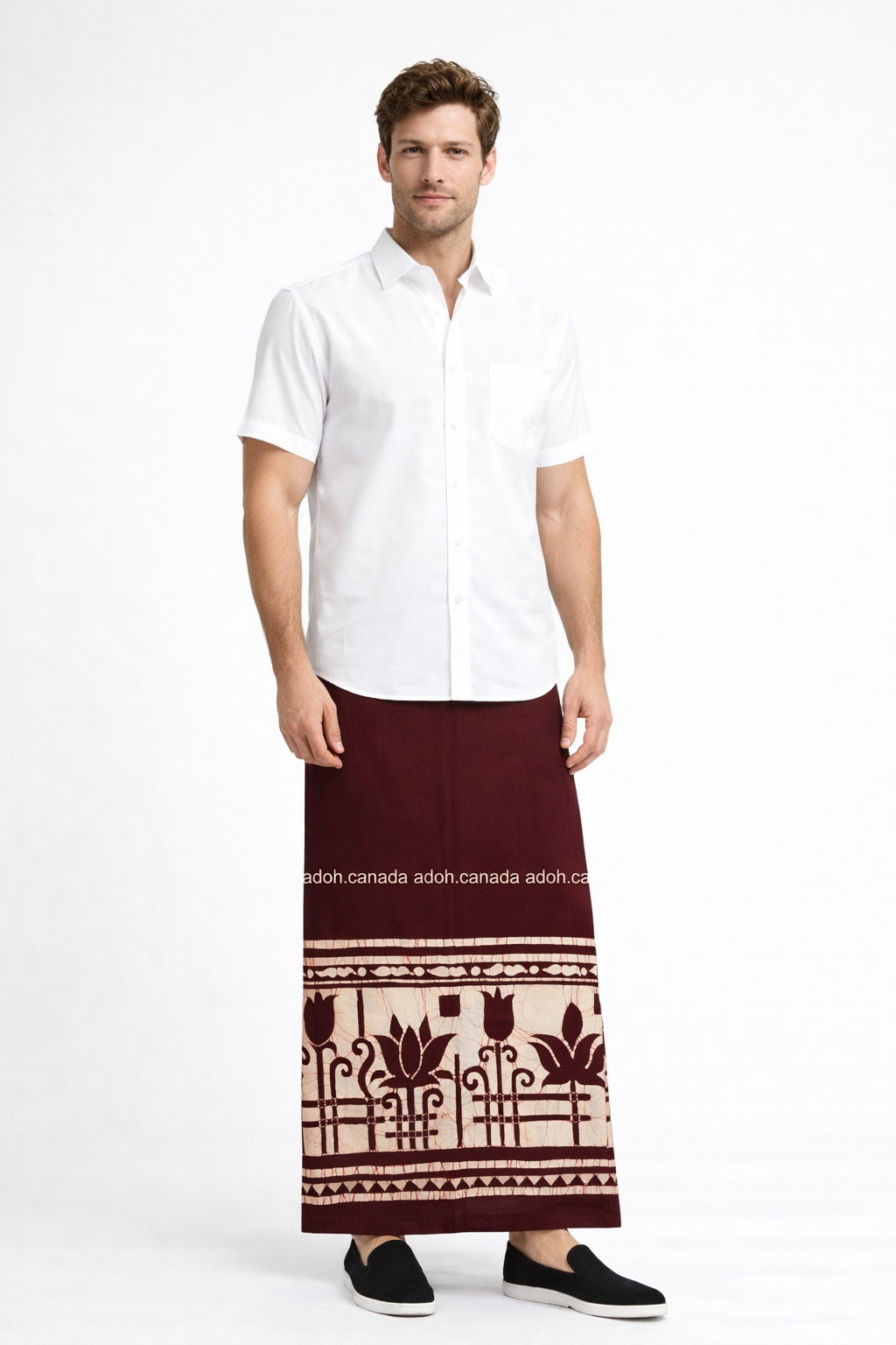 CSA1574 - Maroon sarong with lotus design| Ceylon Batik | Hand Made | Men's Collection | Cotton Sarong| Summer Wear | Party Wear