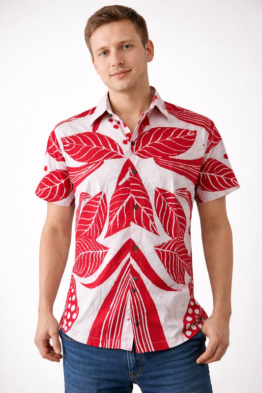 SH1152 - Red and white leafy designed Batik Shirt | Ceylon Batik | Hand Made | Men's Collection | Cotton Shirt | Summer Wear