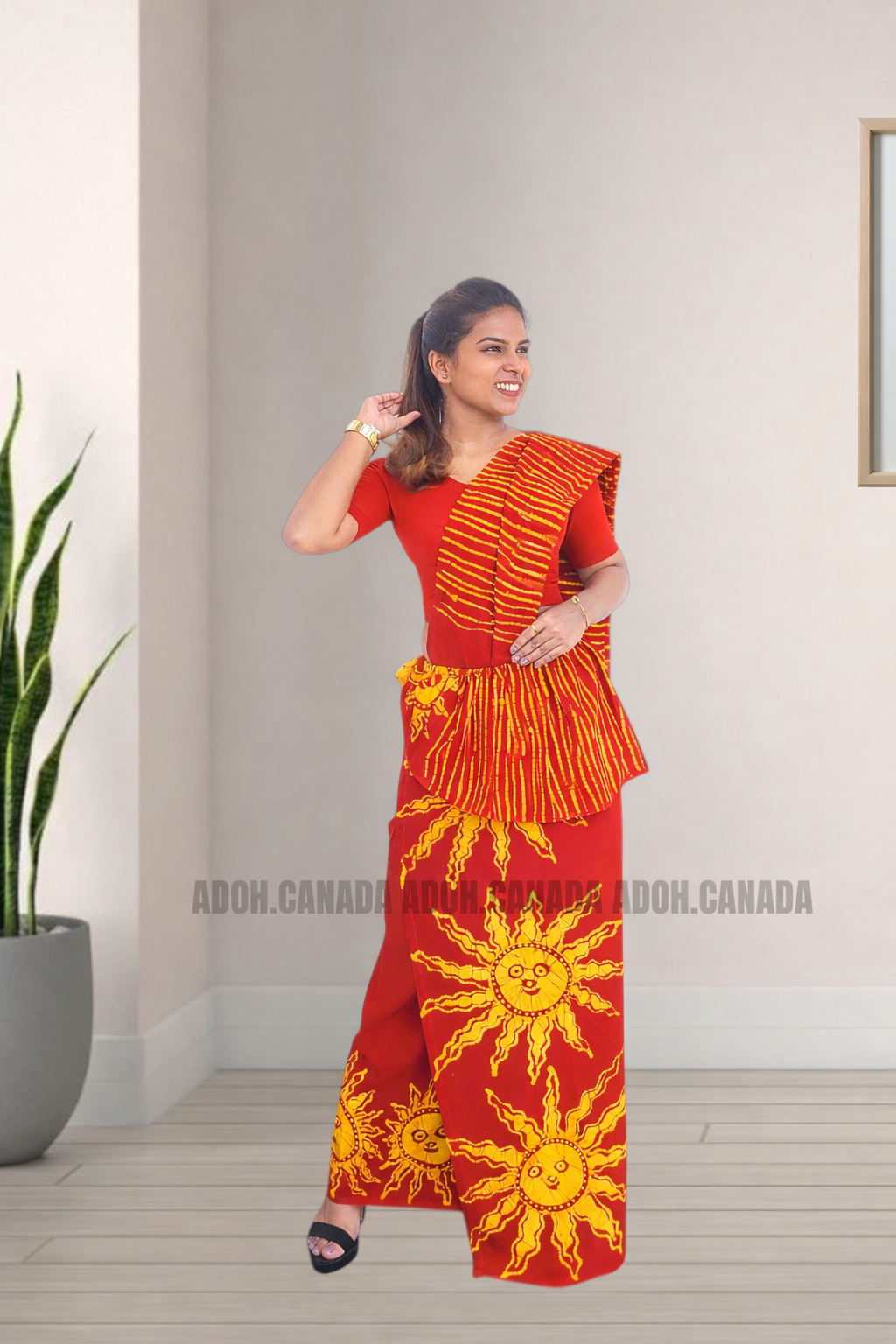 MU1570|Red with yellow sun designed Kandyan Made-up|Ceylon Batik| Cotton Kandyan Made-up Saree| Exclusive Designer Wear | Kandyan Made-up