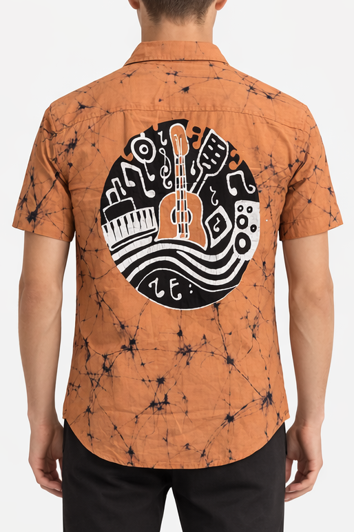 SH1463 - Baige shirt with black and white guitar designed Batik Shirt | Ceylon Batik | Hand Made | Men's Collection | Cotton Shirt | Summer Wear
