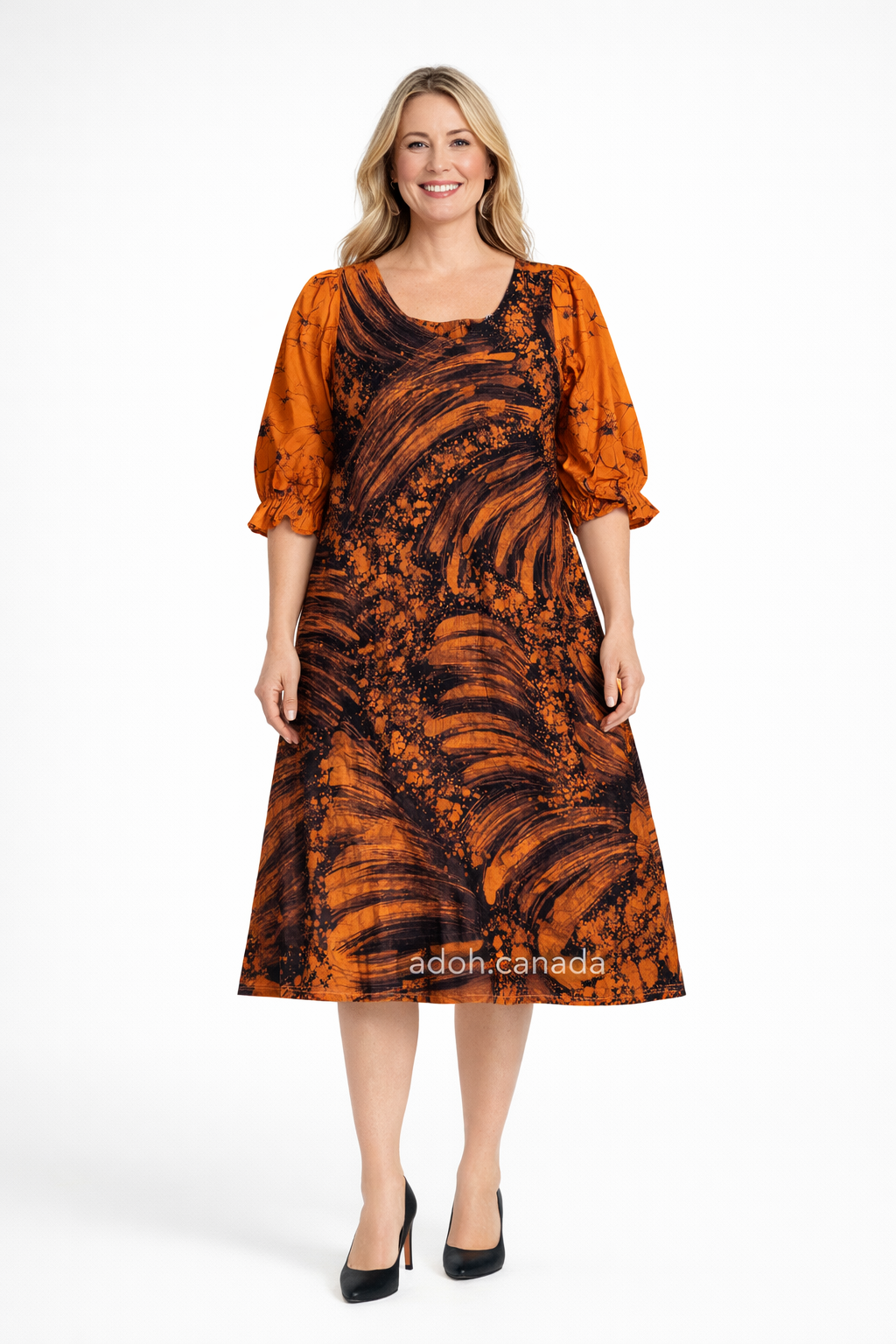 CC1536- Orange with black brushed designed Batik Dress| Ceylon Batik | Hand Made |Summer Collection | Cotton Dress | Summer Wear