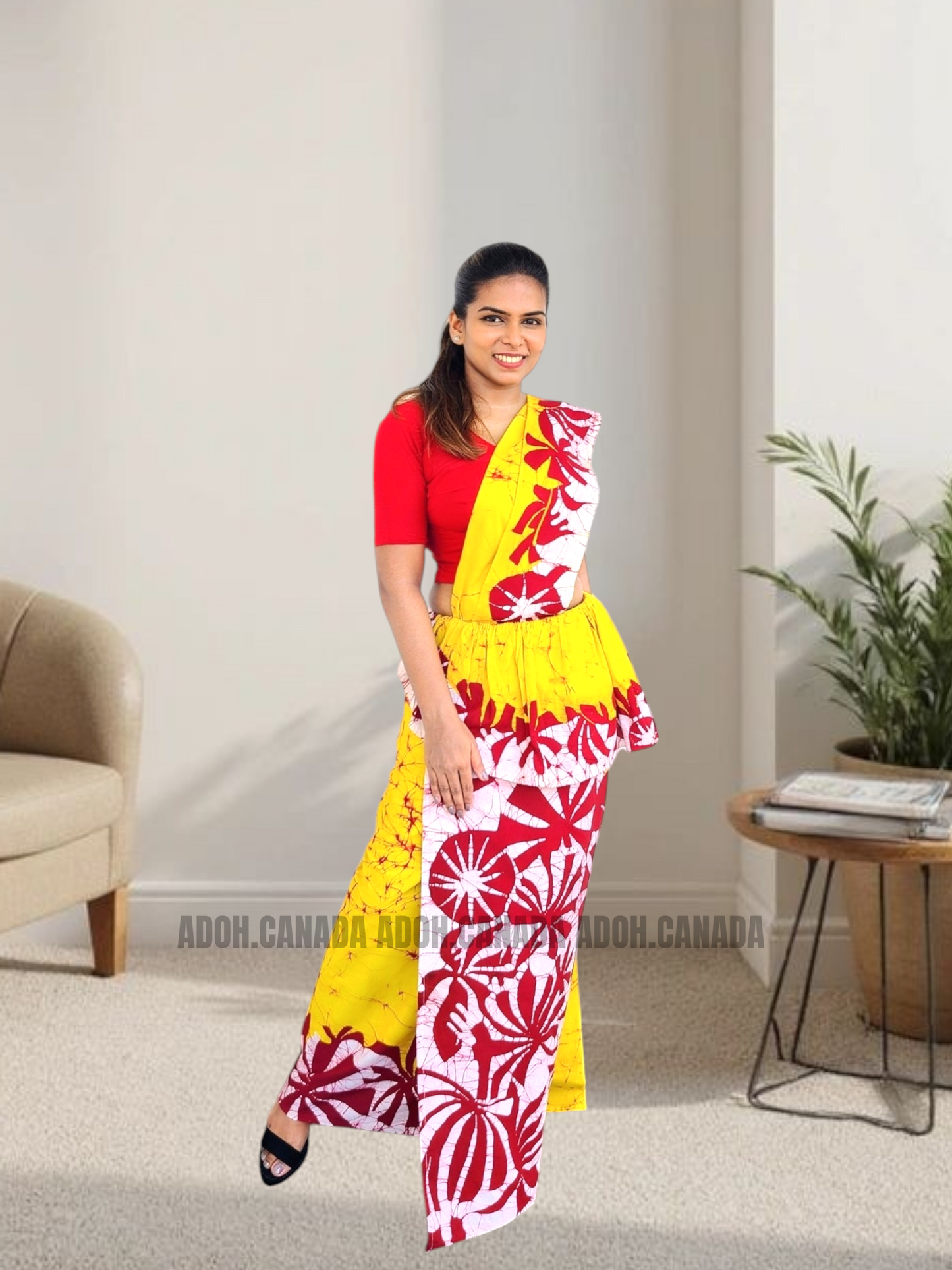 MU1567|Yellow with red and white designed Kandyan Made-up|Ceylon Batik| Cotton Kandyan Made-up Saree| Exclusive Designer Wear | Kandyan Made-up
