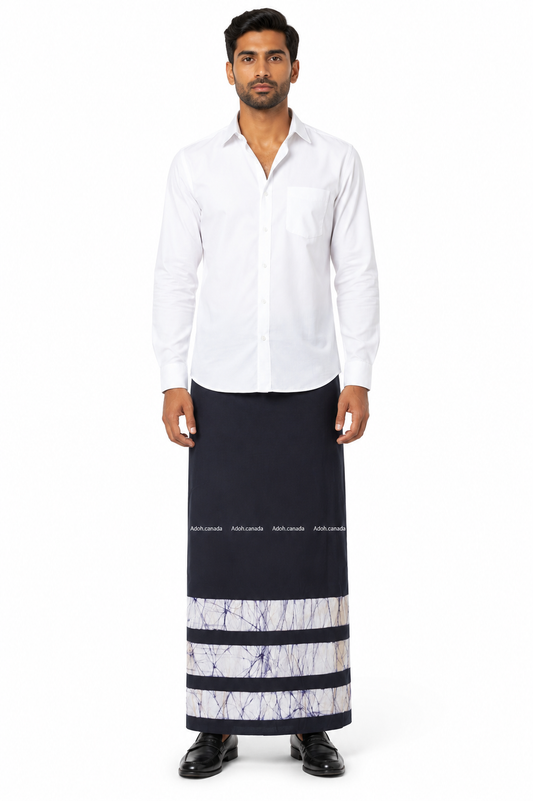 CSA1715 - Black sarong with white border Lines design| Ceylon Batik | Hand Made | Men's Collection | Cotton Sarong| Summer Wear | Party Wear
