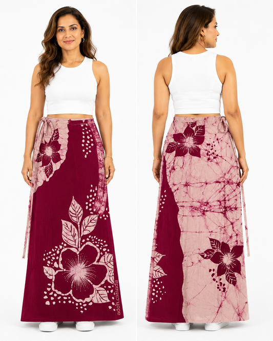 LU1706 - Maroon and off white lungi with floral design Batik Lungi Skirt |Ceylon Batik | Hand Made | Summer Collection | Cotton Batik Lungi | Traditional Collection