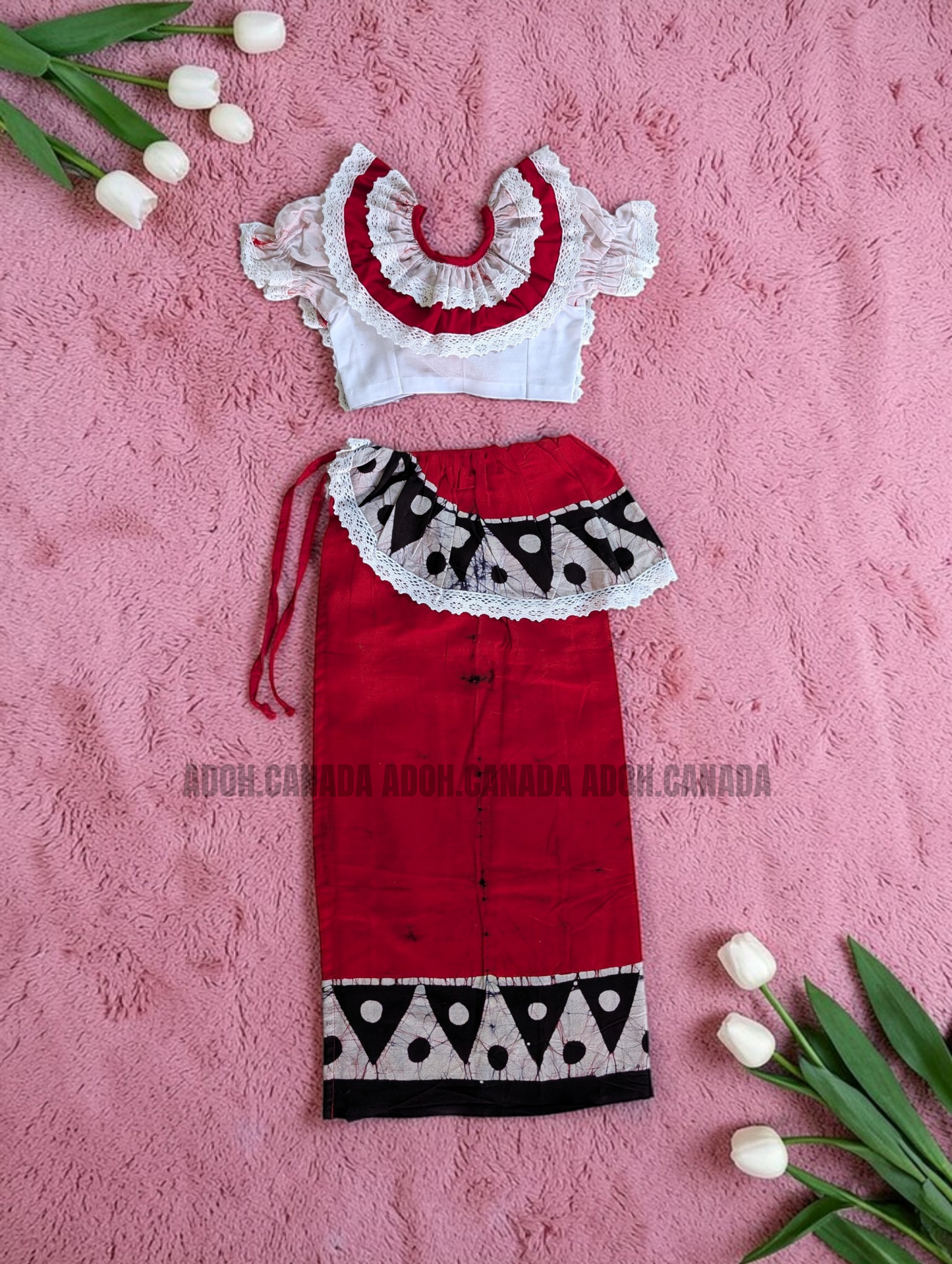 KG1622 - Red and white Lama Saree with black traingle design ( Kids Redda Hatte)| Ceylon Batik | Hand Made | Kids Collection | Summer Collection | Cotton Lama Saree | Kids Redda Hatte | Casual wear