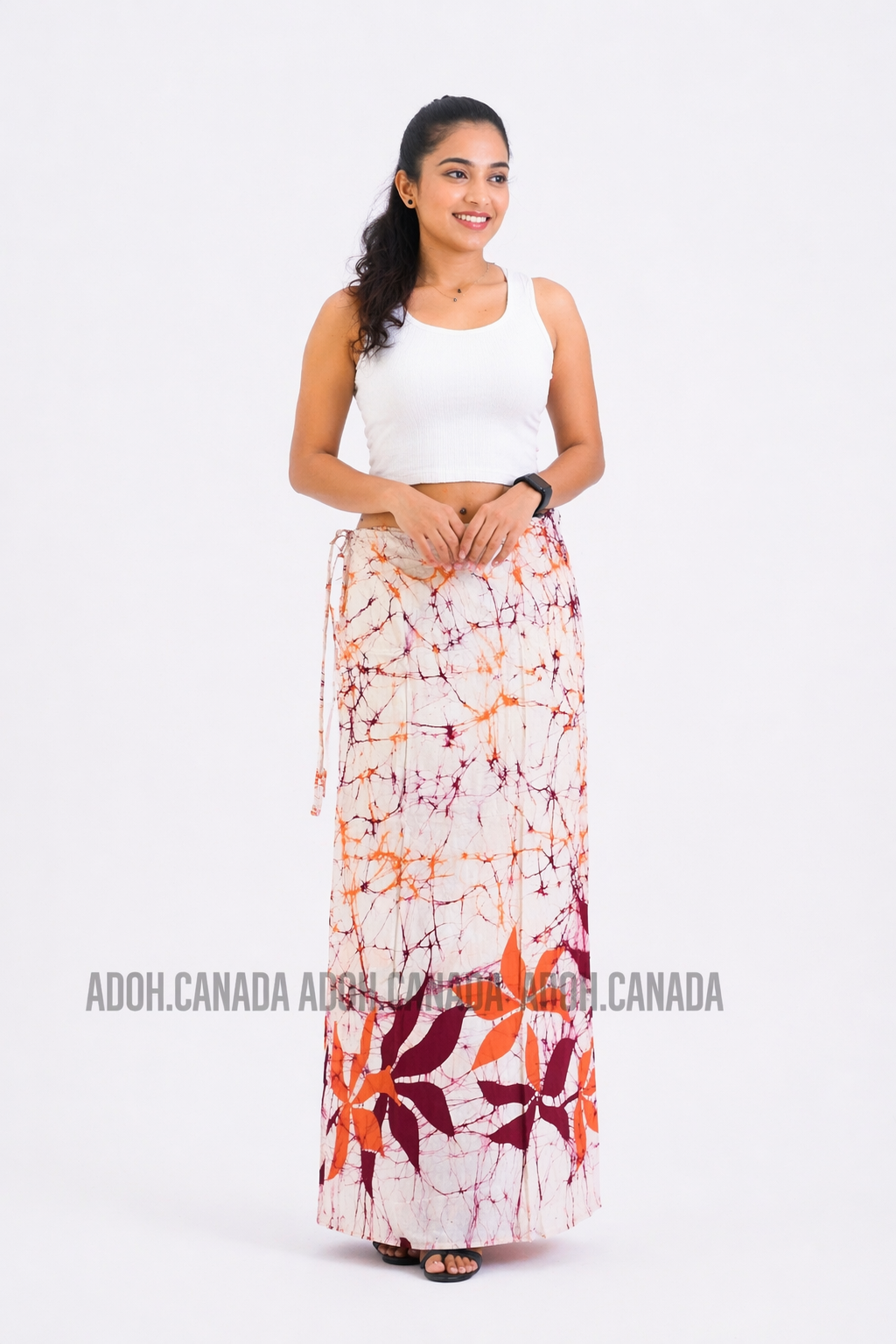 LU1673 - White Lungi with orange and maroon floral designed Batik Lungi Skirt |Ceylon Batik | Hand Made | Summer Collection | Cotton Batik Lungi | Traditional Collection
