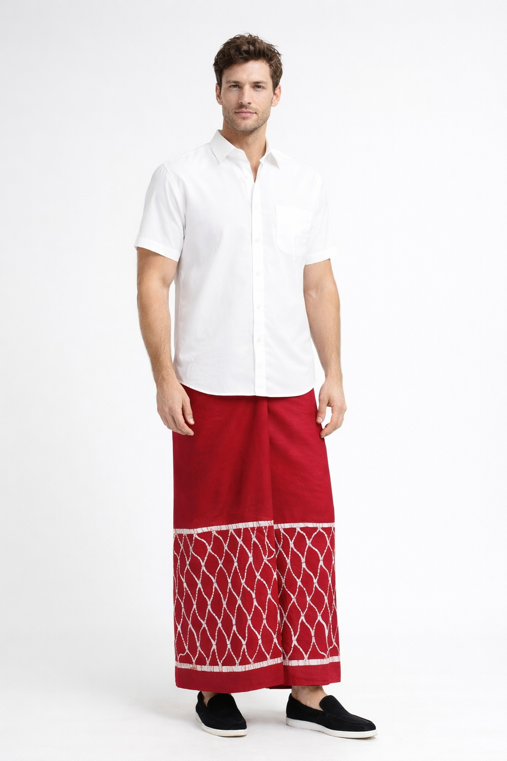 CSA1576 - Red sarong with white border design| Ceylon Batik | Hand Made | Men's Collection | Cotton Sarong| Summer Wear | Party Wear