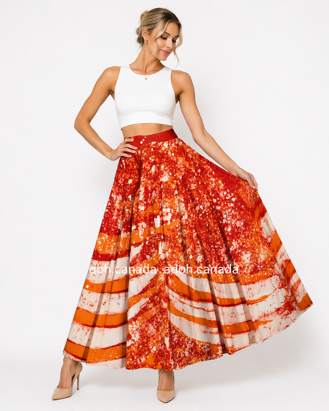 CC1663 - Orange and white mixed designed Long Batik Skirt | Ceylon Batik | Hand Made | Summer Collection | Cotton Skirts | Summer Wear