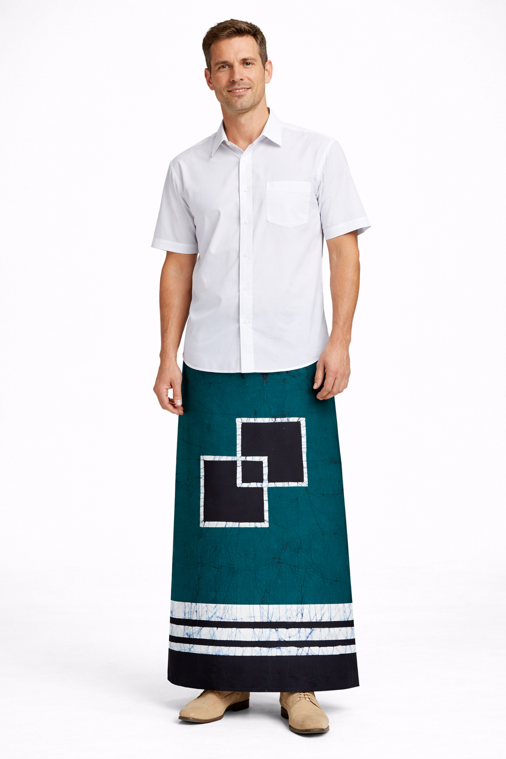 CSA1488 - Dark green sarong with back and white square design| Ceylon Batik | Hand Made | Men's Collection | Cotton Sarong| Summer Wear | Party Wear