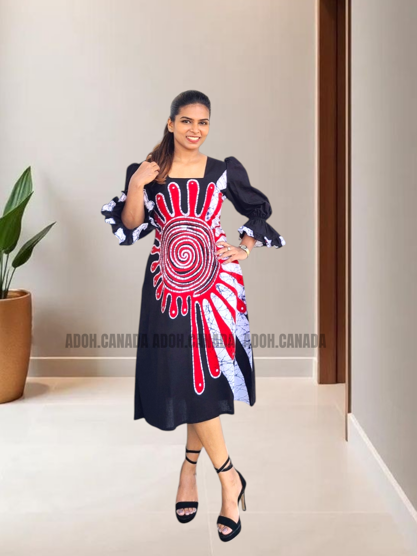 CC1535- Black dress with red and white designed Batik Dress| Ceylon Batik | Hand Made |Summer Collection | Cotton Dress | Summer