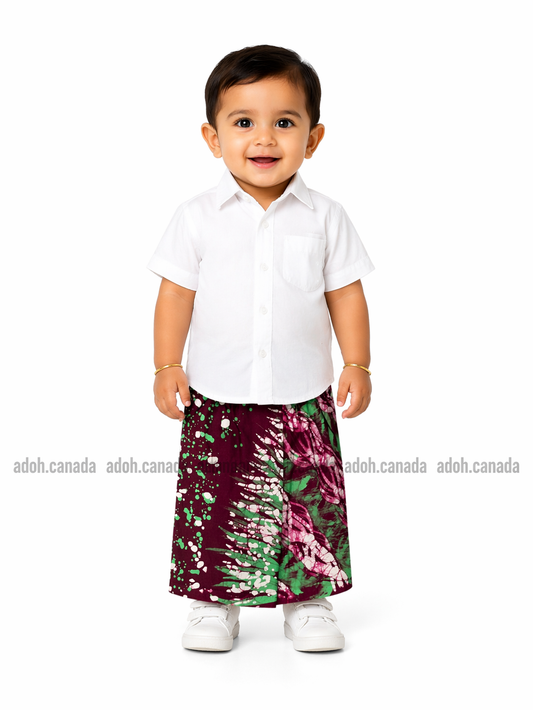 KSA1596 - Dark maroon with purple and green designed sarong| Ceylon Batik | Hand Made | Kid's Collection | Cotton Sarong| Summer Wear | Cultural