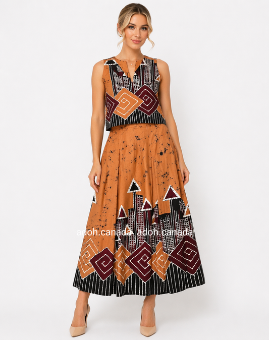 CC1512/CB1499 - Baige with black and maroon mixed designed Long Batik Skirt and top | Ceylon Batik | Hand Made | Summer Collection | Cotton Skirts| Cotton Top | Summer Wear