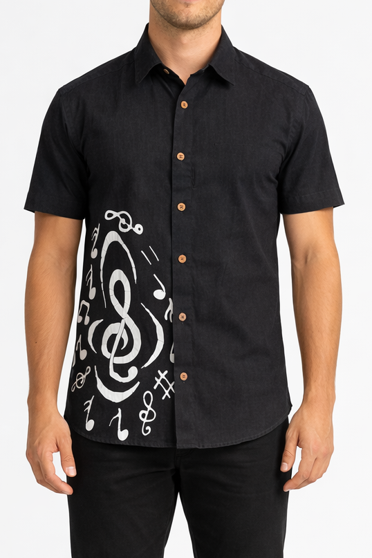 SH1467 -Black shirt with white musical notes designed Batik Shirt | Ceylon Batik | Hand Made | Men's Collection | Cotton Shirt | Summer Wear