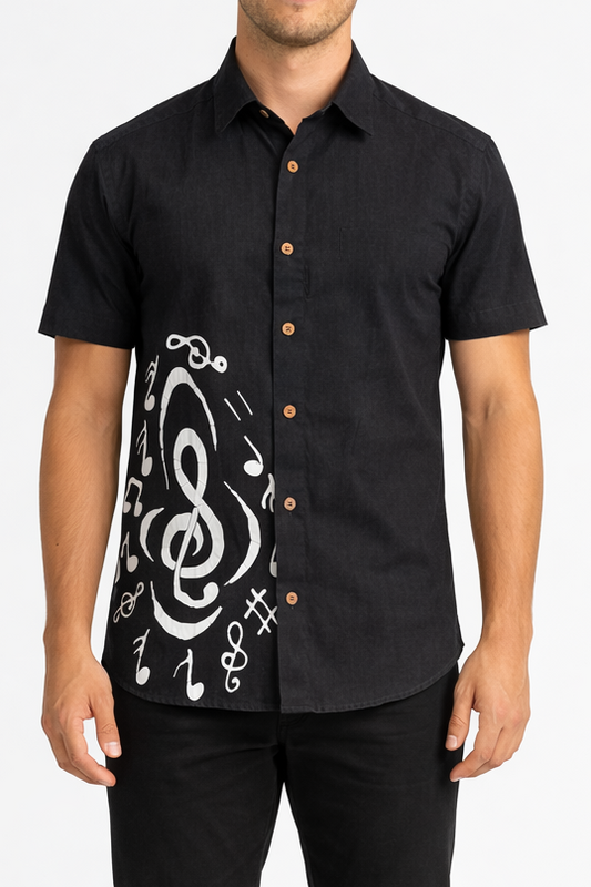 SH1467 -Black shirt with white musical notes designed Batik Shirt | Ceylon Batik | Hand Made | Men's Collection | Cotton Shirt | Summer Wear