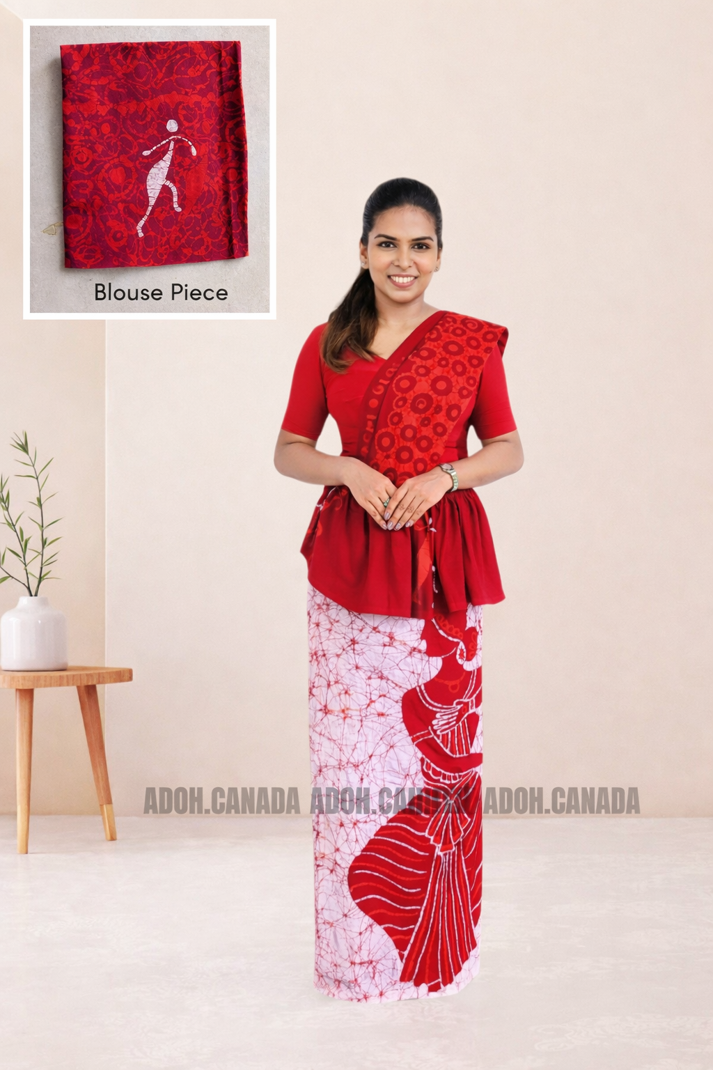 MU1571|Red with white and red lady designed Kandyan Made-up|Ceylon Batik| Cotton Kandyan Made-up Saree| Exclusive Designer Wear | Kandyan Made-up