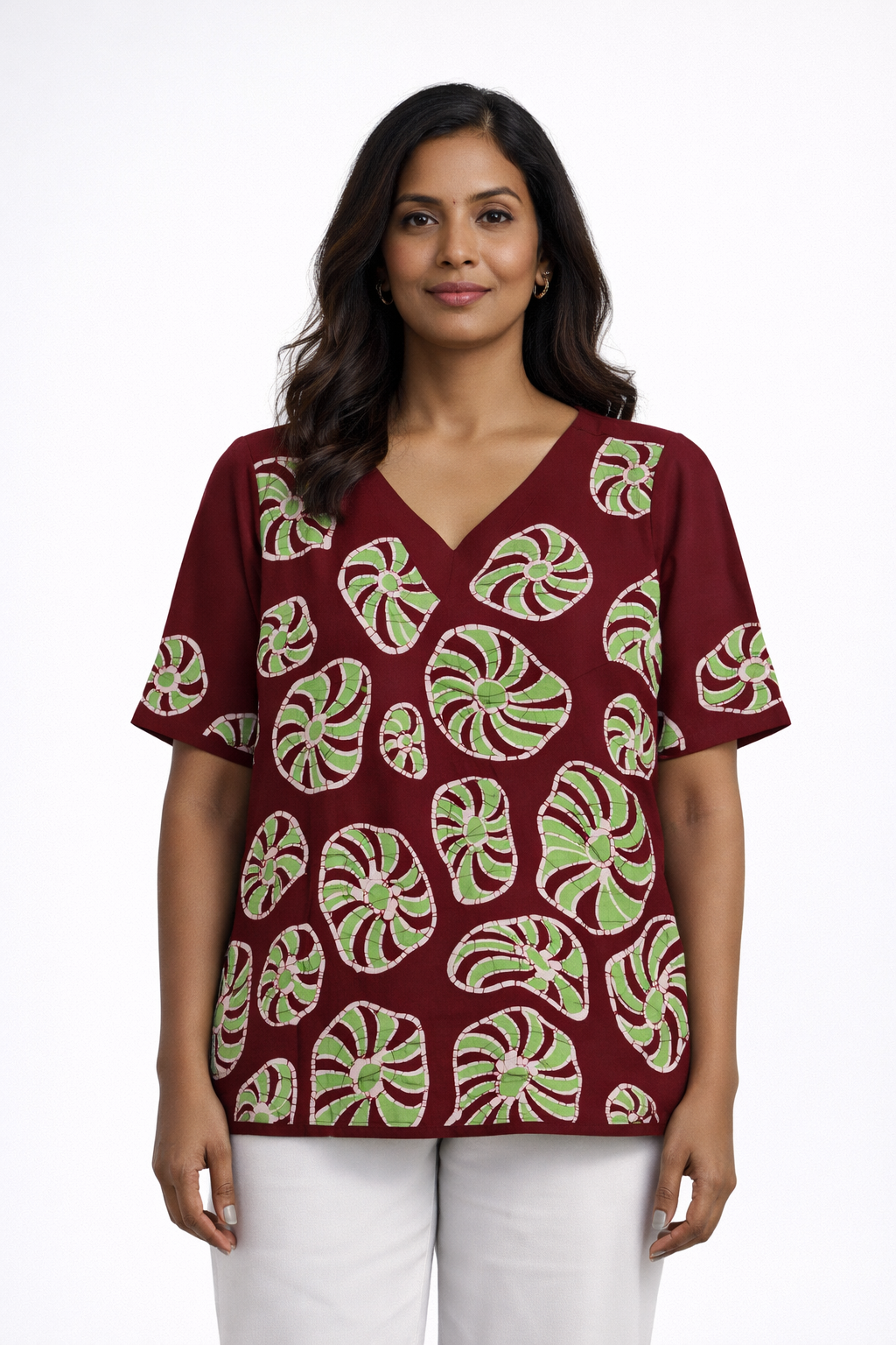 LU1613/LB1538 - Maroon with white and apple green designed Batik Lungi Skirt and Blouse |Ceylon Batik | Hand Made | Summer Collection | Cotton Batik Lungi | Batik Blouse |Traditional Collection