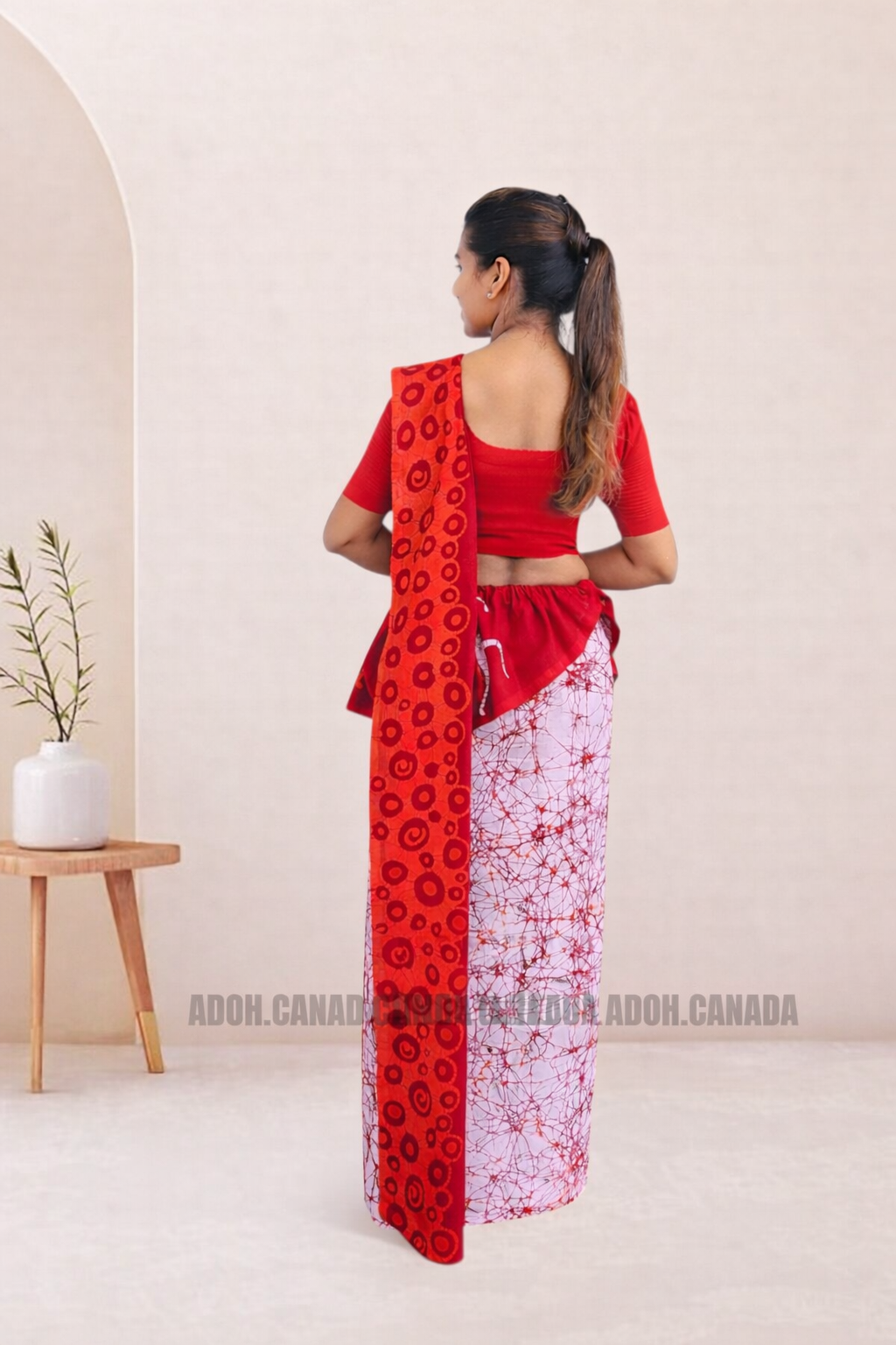 MU1571|Red with white and red lady designed Kandyan Made-up|Ceylon Batik| Cotton Kandyan Made-up Saree| Exclusive Designer Wear | Kandyan Made-up