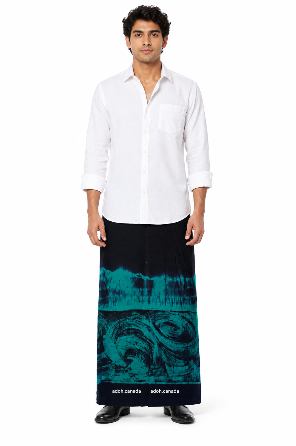 CSA1725 - Black sarong with sea greenish and brownish border design| Ceylon Batik | Hand Made | Men's Collection | Cotton Sarong| Summer Wear | Party Wear