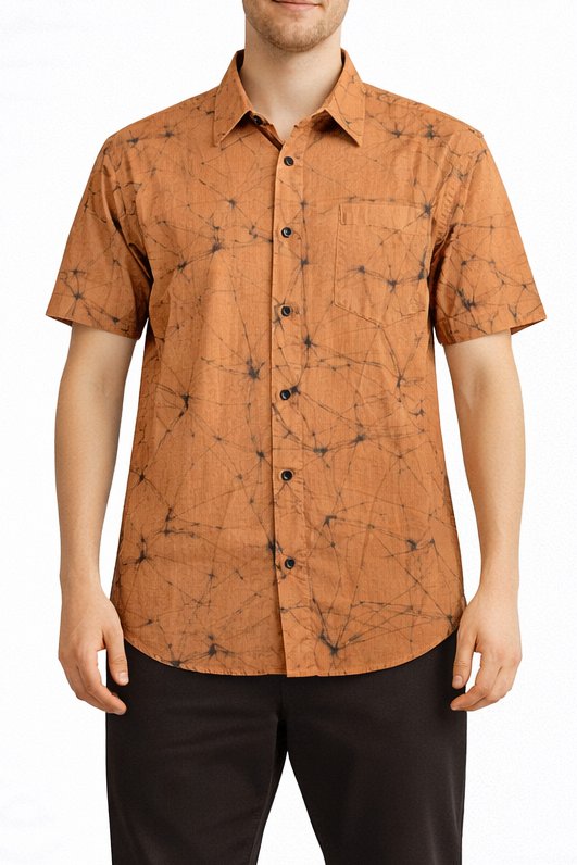 SH1463 - Baige shirt with black and white guitar designed Batik Shirt | Ceylon Batik | Hand Made | Men's Collection | Cotton Shirt | Summer Wear