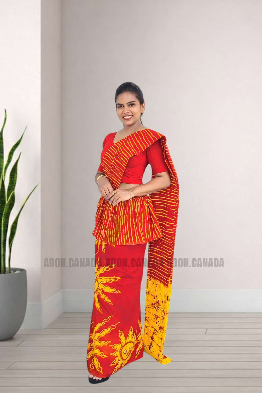 MU1570|Red with yellow sun designed Kandyan Made-up|Ceylon Batik| Cotton Kandyan Made-up Saree| Exclusive Designer Wear | Kandyan Made-up