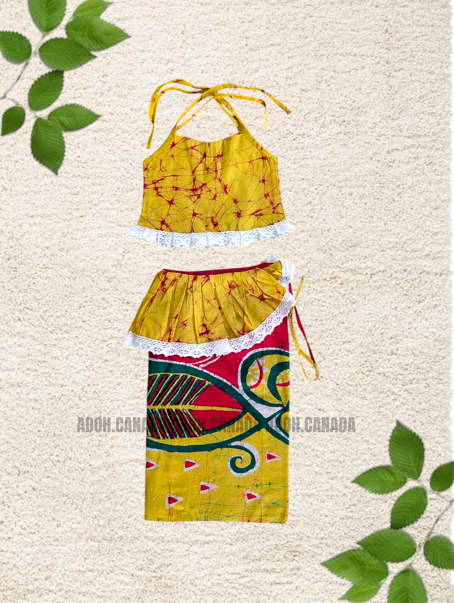 KG1553 - Yellow with green and hot pink designed Lama Saree ( Kids Redda Hatte)| Ceylon Batik | Hand Made | Kids Collection | Summer Collection | Cotton Lama Saree | Kids Redda Hatte | Casual wear