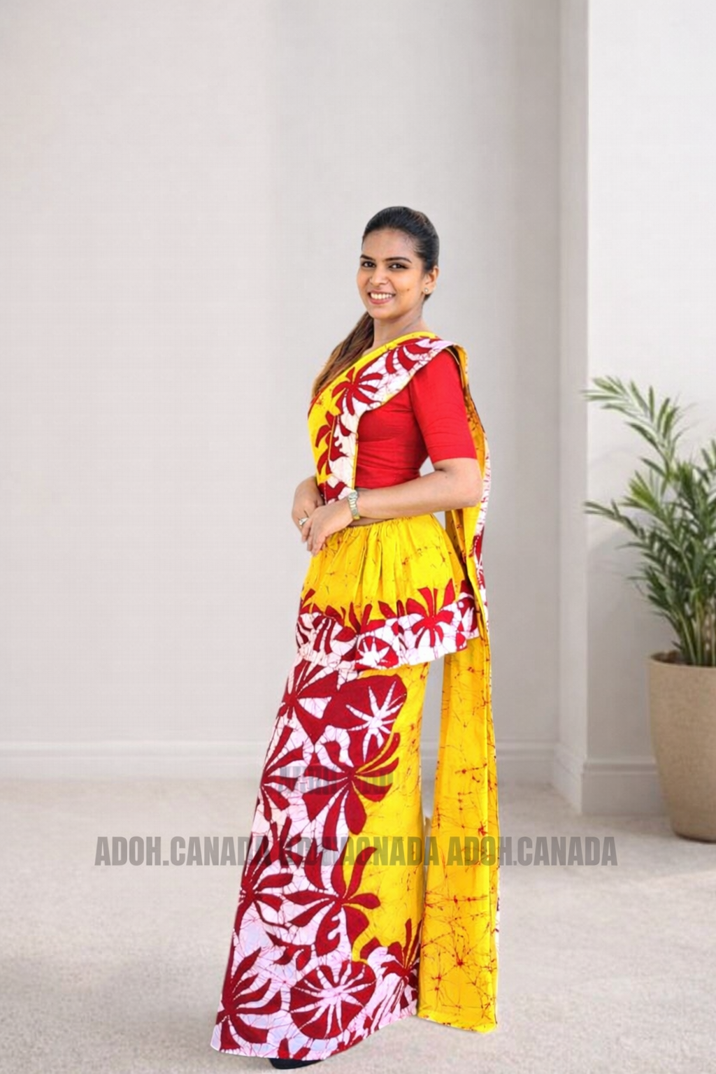 MU1567|Yellow with red and white designed Kandyan Made-up|Ceylon Batik| Cotton Kandyan Made-up Saree| Exclusive Designer Wear | Kandyan Made-up