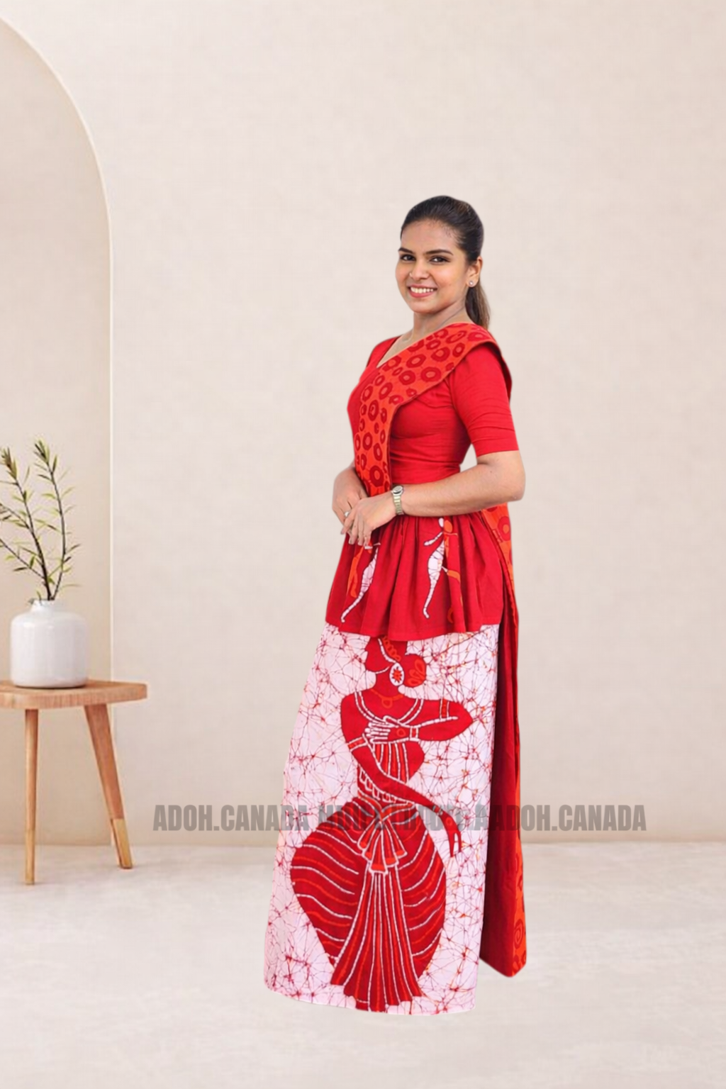 MU1571|Red with white and red lady designed Kandyan Made-up|Ceylon Batik| Cotton Kandyan Made-up Saree| Exclusive Designer Wear | Kandyan Made-up
