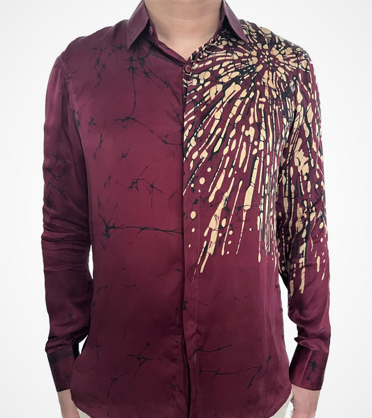 SSH0004 - Maroon Batik Silk Shirt | Ceylon Batik | Hand Made | Men's Collection | Silk Shirt | Summer Wear | Party Wear