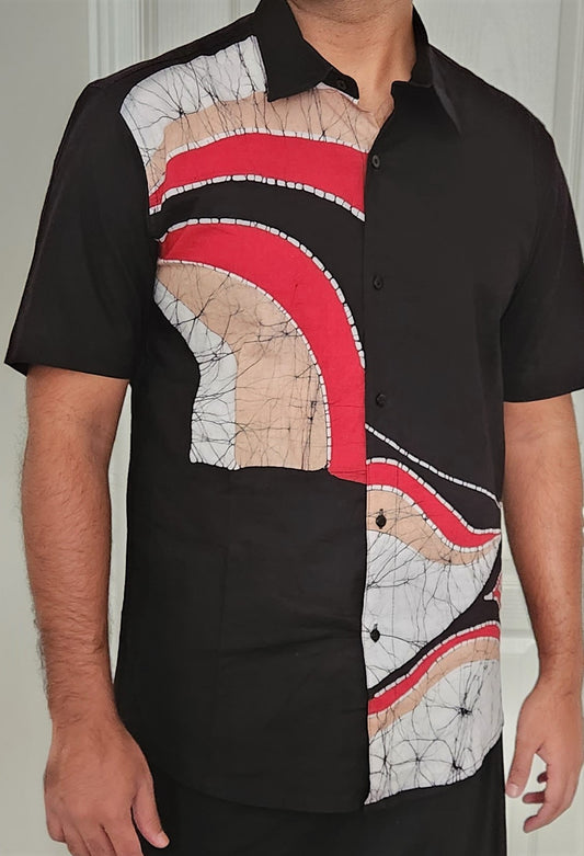 SH0012 - Elegant Black Shirt & Sarong kit | Ceylon Batik | Hand Made | Men's Collection | Cotton Shirt | Summer Wear | Party Wear |