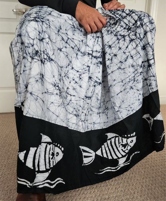 CSA0002 - Black & White Fish designed Cotton Sarong | Ceylon Batik | Hand Made | Men's Collection | Cotton Sarong| Summer Wear