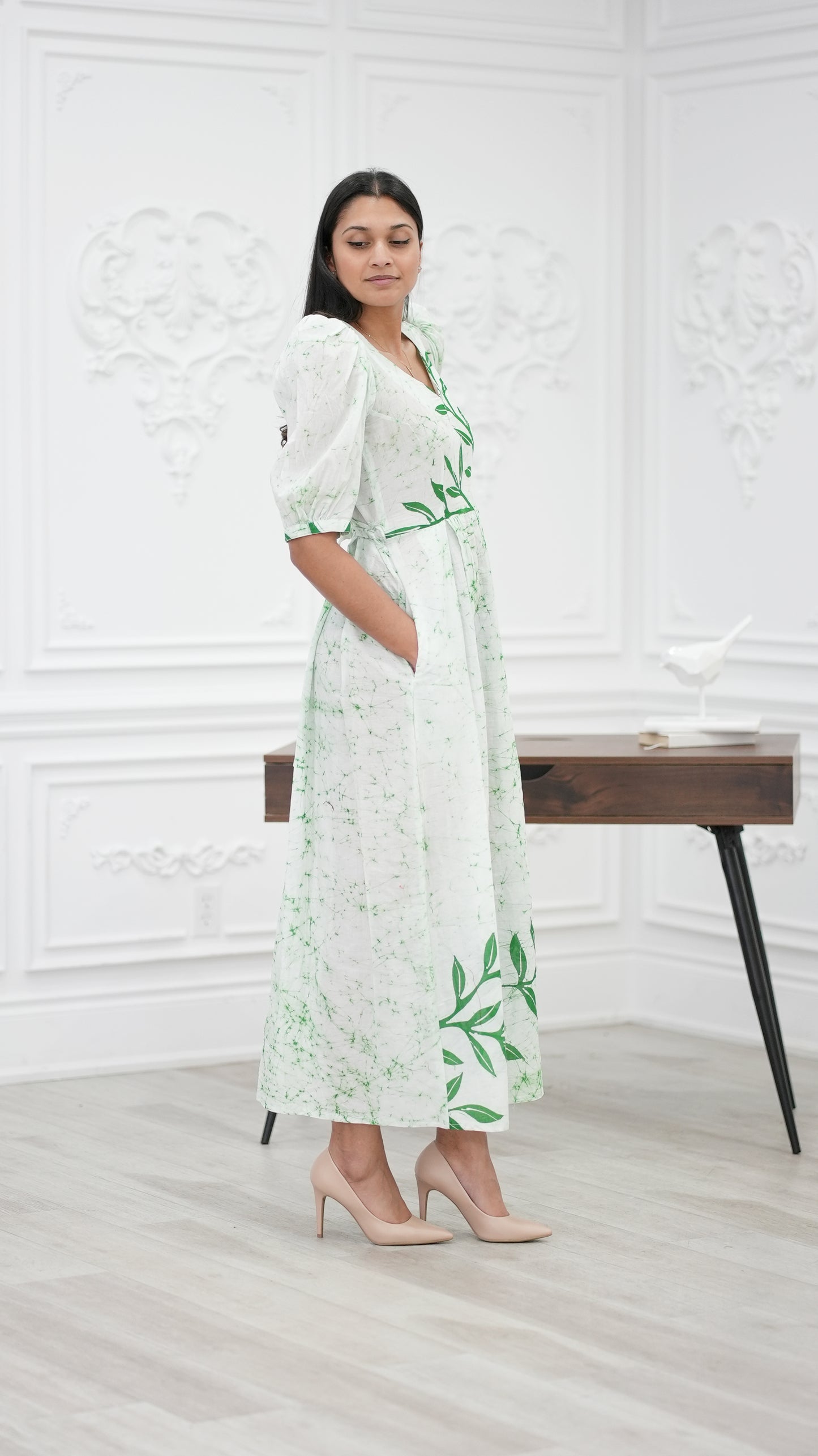 CC0067 - Green Leaves Long Batik Dress | Ceylon Batik | Hand Made | Summer Collection | Cotton Dress | Summer Wear