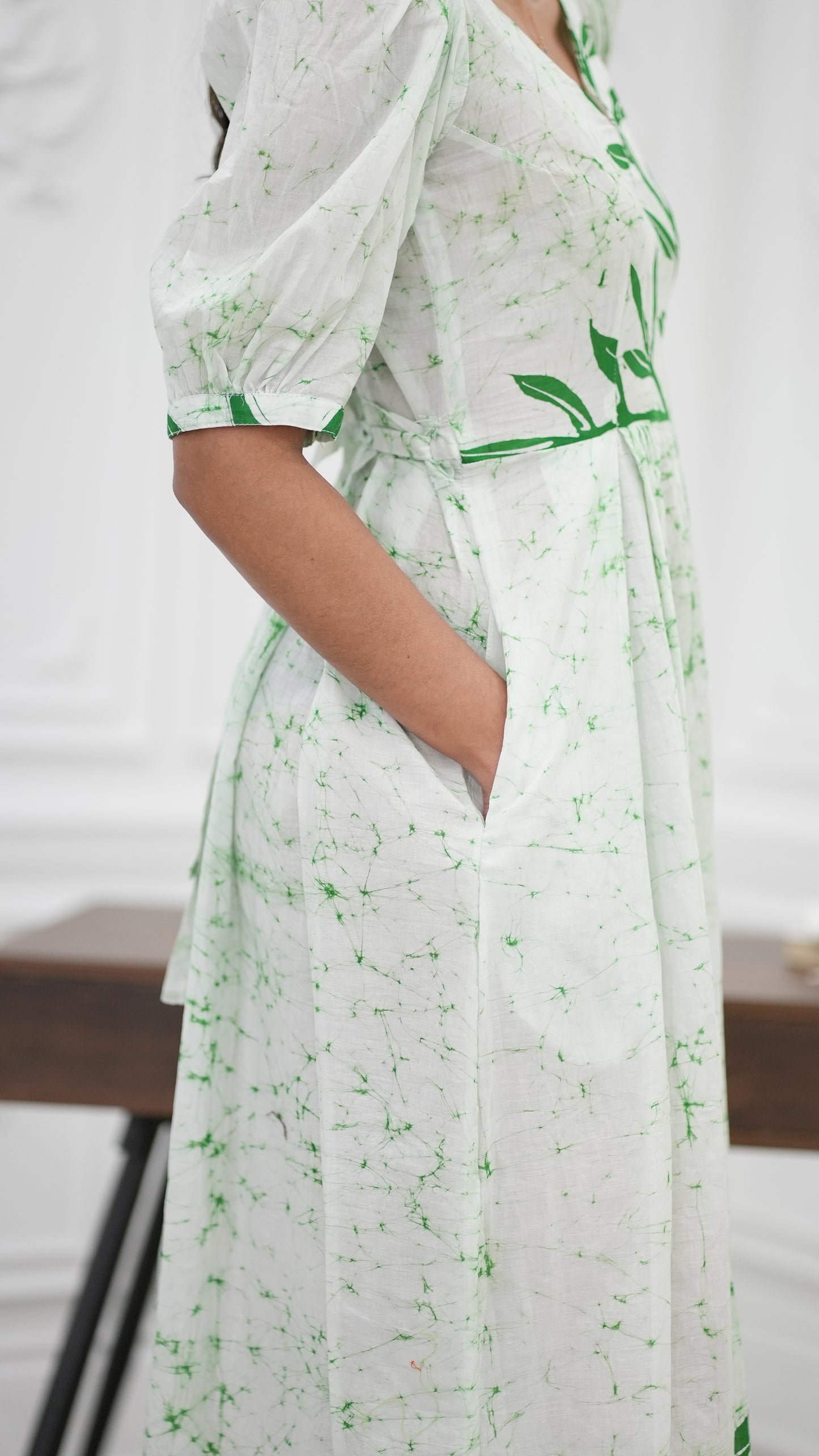 CC0067 - Green Leaves Long Batik Dress | Ceylon Batik | Hand Made | Summer Collection | Cotton Dress | Summer Wear