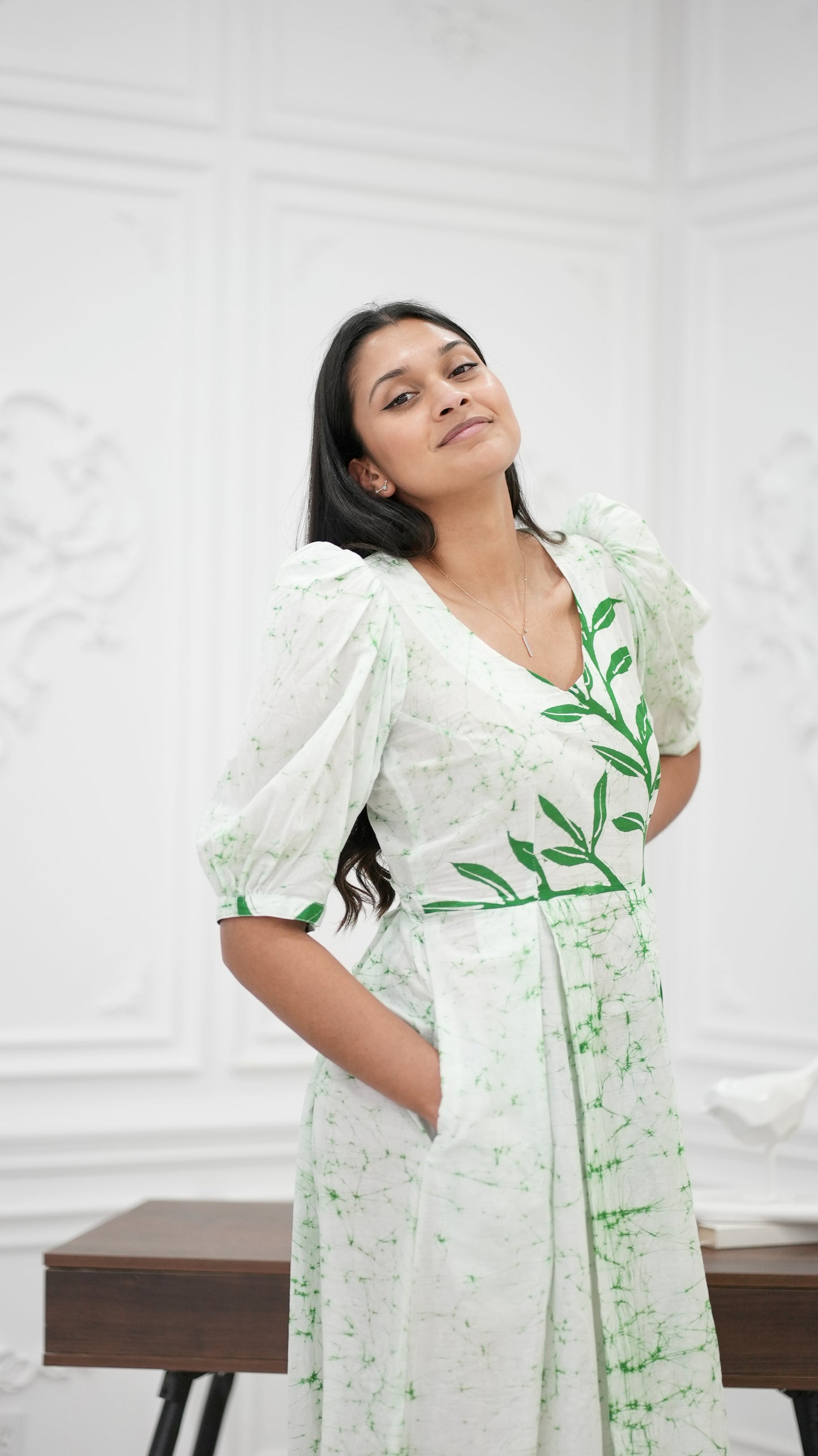 CC0067 - Green Leaves Long Batik Dress | Ceylon Batik | Hand Made | Summer Collection | Cotton Dress | Summer Wear