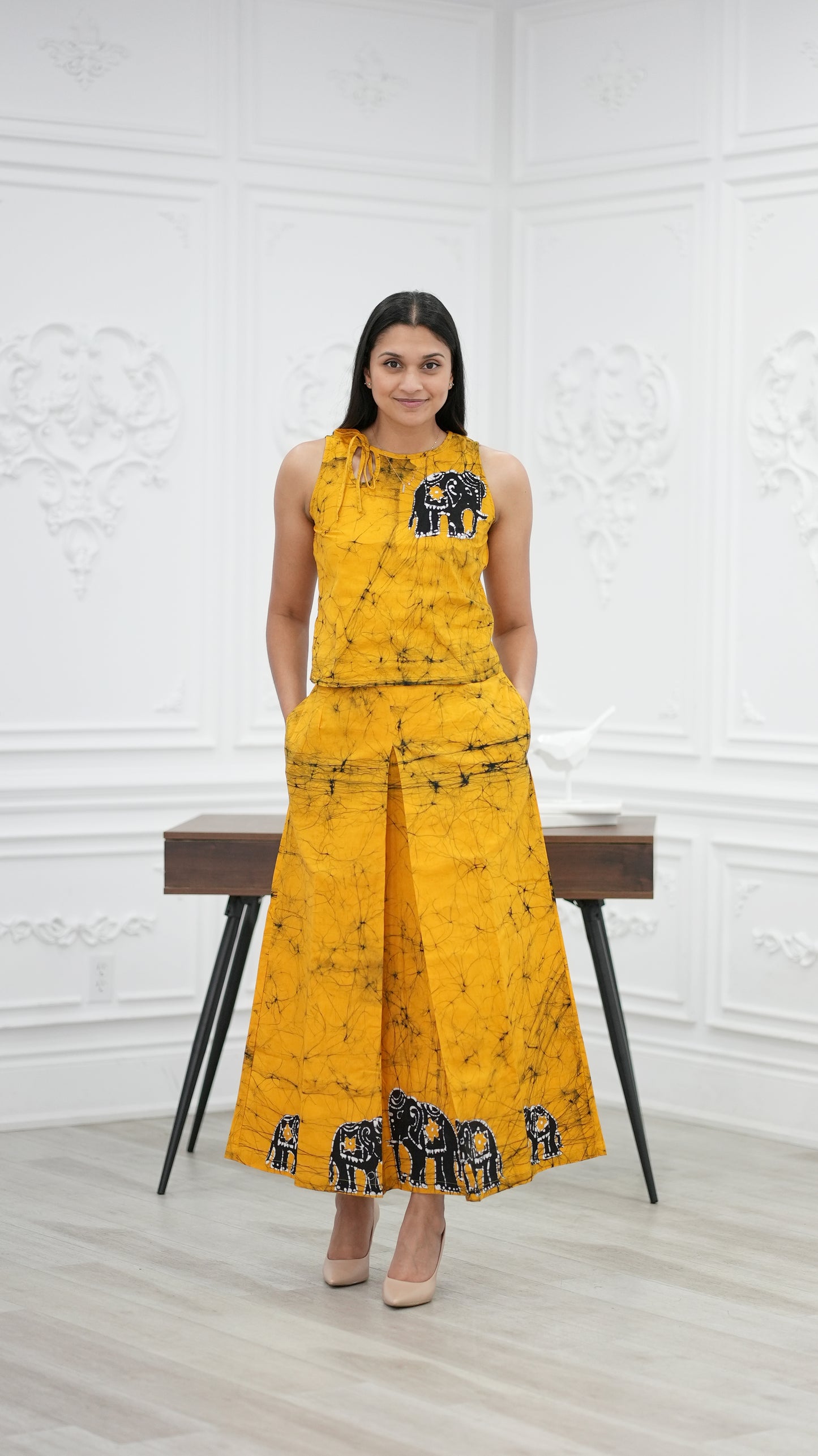 CC0062 - Mustard Yellow Elephant Design Long Skirt & Top | Ceylon Batik | Hand Made | Summer Collection | Cotton Dress | Summer Wear