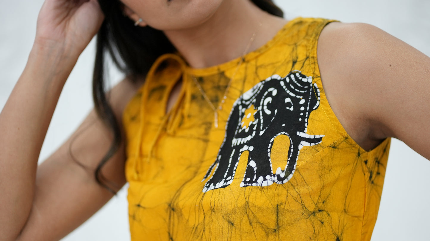 CC0062 - Mustard Yellow Elephant Design Long Skirt & Top | Ceylon Batik | Hand Made | Summer Collection | Cotton Dress | Summer Wear