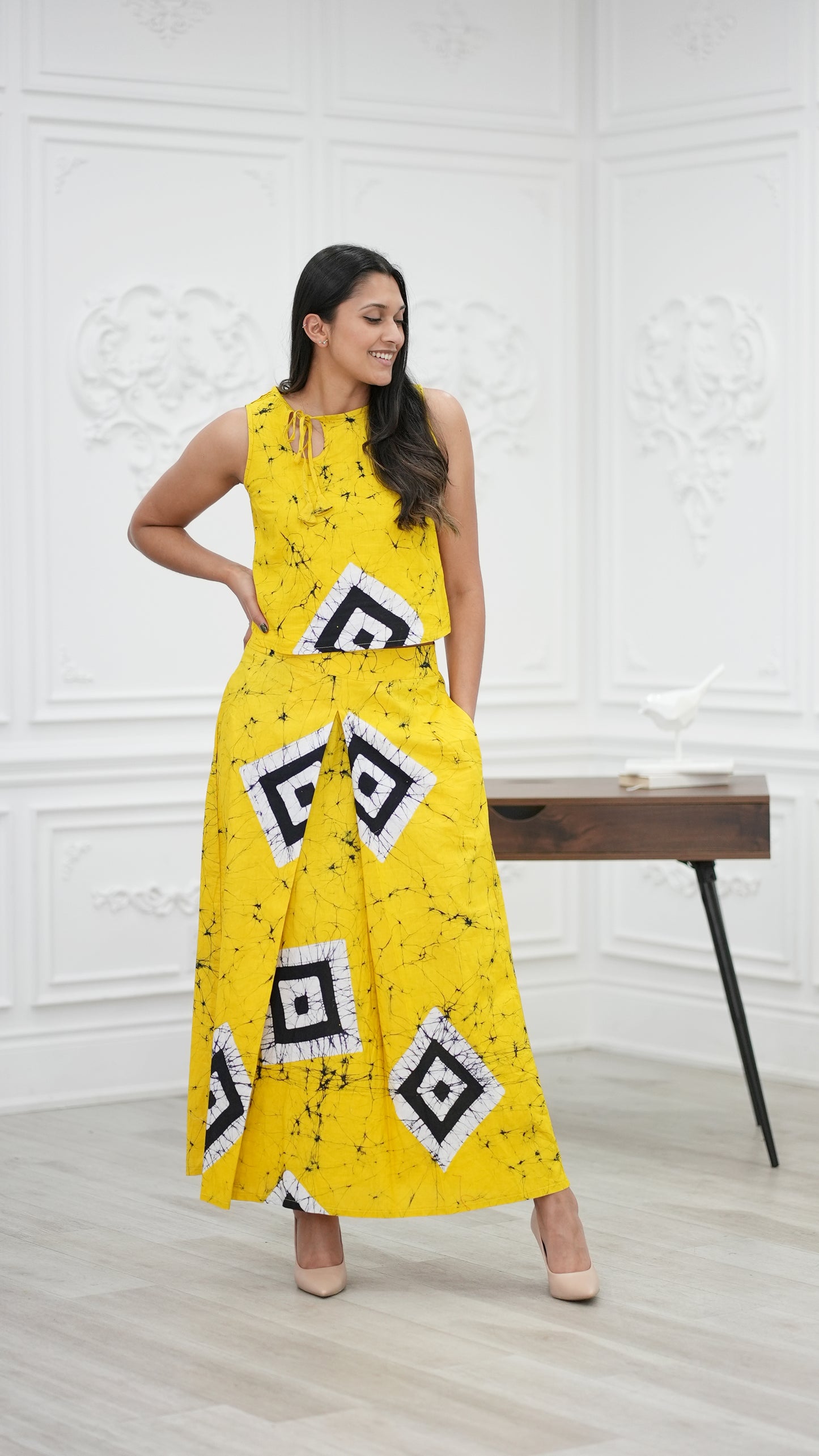 CC0001 - Diamond Yellow Long Skirt Batik & Crop Top | Ceylon Batik | Hand Made | Summer Collection | Cotton Dress | Summer Wear