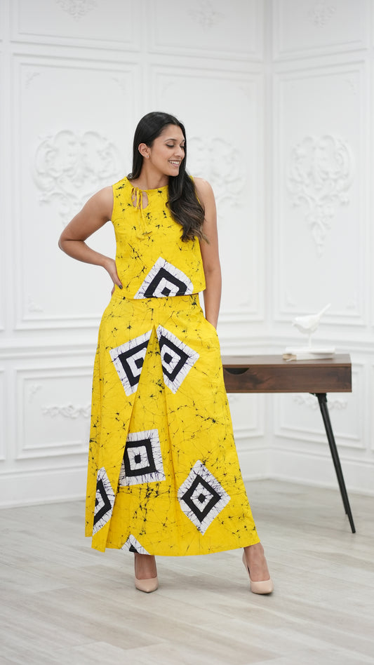 CC0001 - Diamond Yellow Long Skirt Batik & Crop Top | Ceylon Batik | Hand Made | Summer Collection | Cotton Dress | Summer Wear