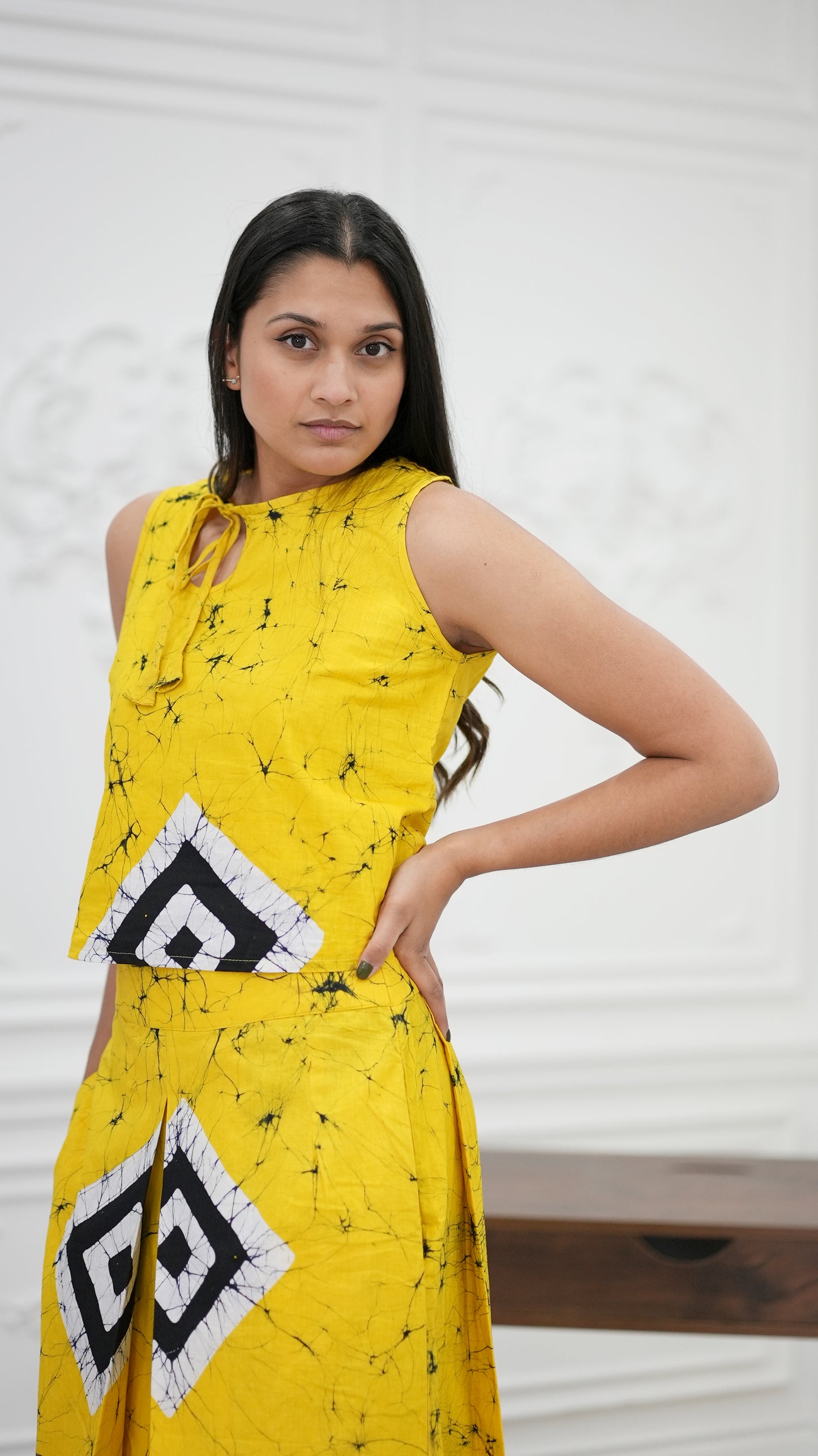 CC0001 - Diamond Yellow Long Skirt Batik & Crop Top | Ceylon Batik | Hand Made | Summer Collection | Cotton Dress | Summer Wear