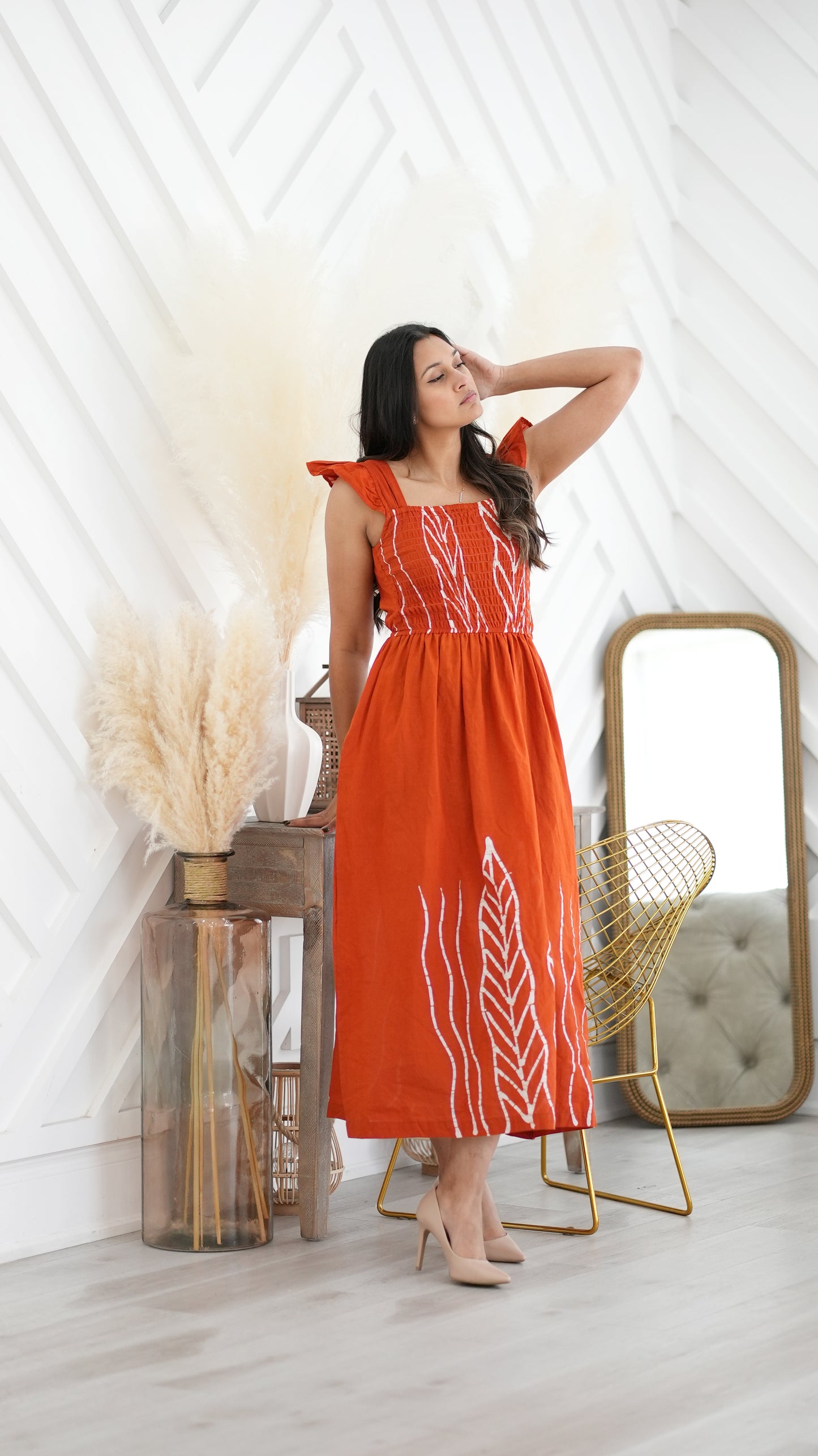 CC0045- Orange Frills Long Batik Dress | Ceylon Batik | Hand Made | Summer Collection | Cotton Dress | Summer Wear