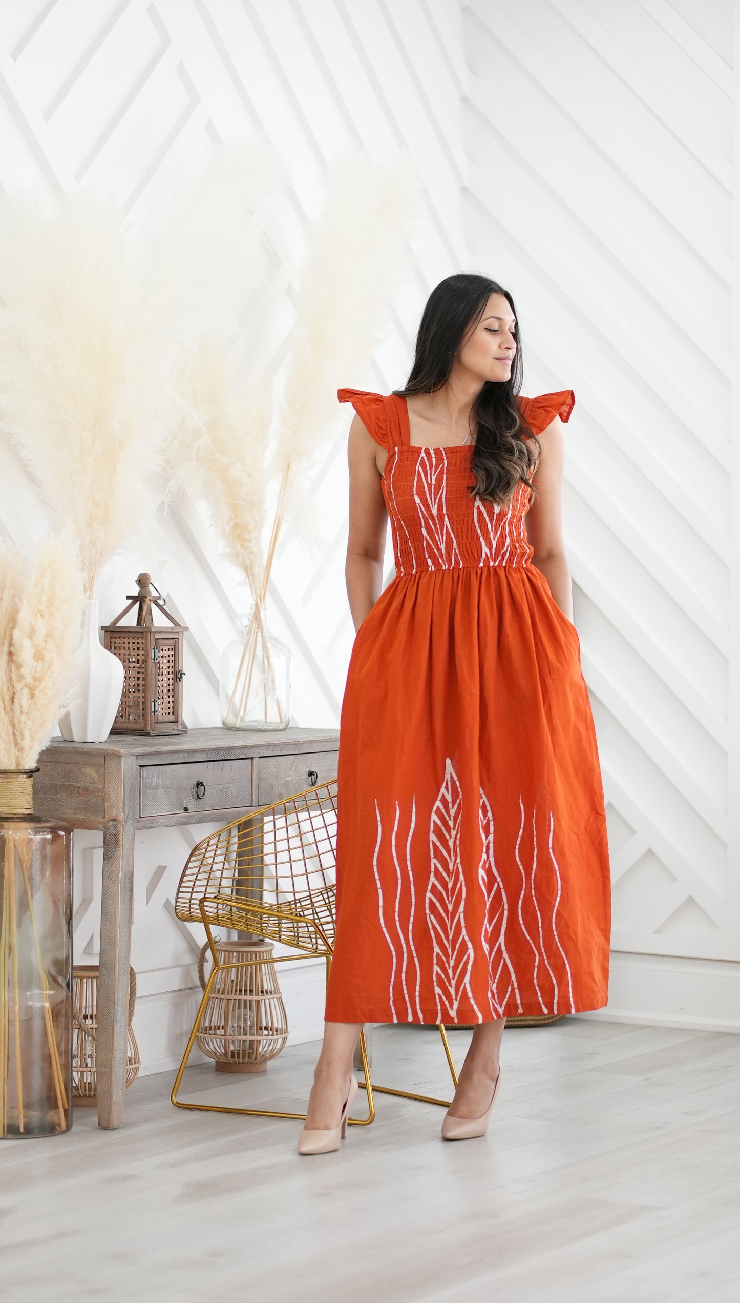 CC0045- Orange Frills Long Batik Dress | Ceylon Batik | Hand Made | Summer Collection | Cotton Dress | Summer Wear